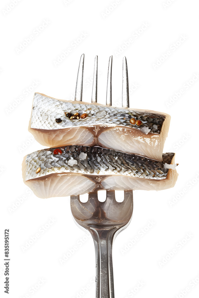 Wall mural pieces of salted herring on fork isolated on white background