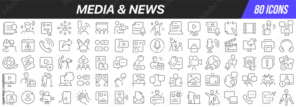 Poster Media and news line icons collection. Big UI icon set in a flat design. Thin outline icons pack. Vector illustration EPS10
