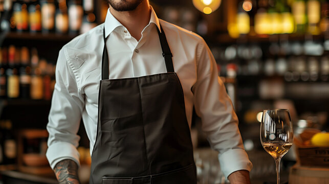 A man in a white shirt and black apron stands behind a bar with a wine glass in front of him. wine bar waitor uniform