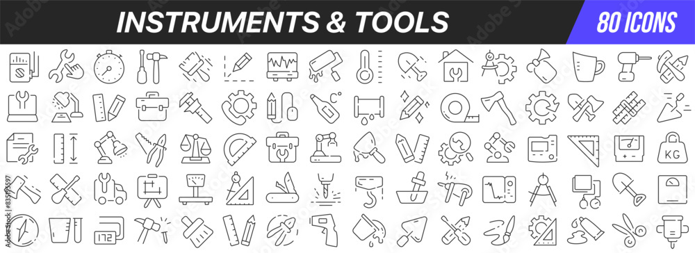Poster instruments and tools line icons collection. big ui icon set in a flat design. thin outline icons pa