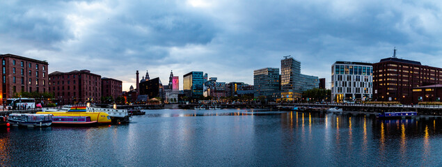 Panoramic View of Liverpool Skyline from the Royal Albert Dock at Night