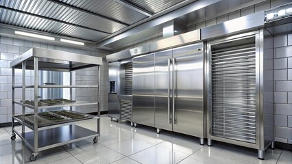 Large commercial refrigerator closed in a kitchen , industrial, appliance, storage, food, cold, closed, kitchen, interior, fridge, white, metallic, modern, equipment, commercial