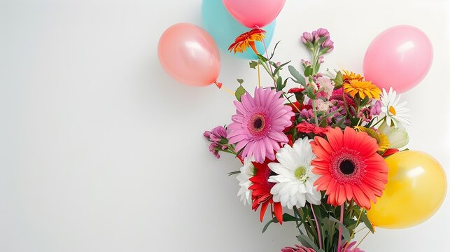 Bright Birthday Bouquet - Vibrant Flowers and Balloons Arrangement on White