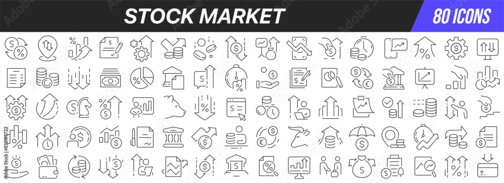 Poster stock market line icons collection. big ui icon set in a flat design. thin outline icons pack. vecto