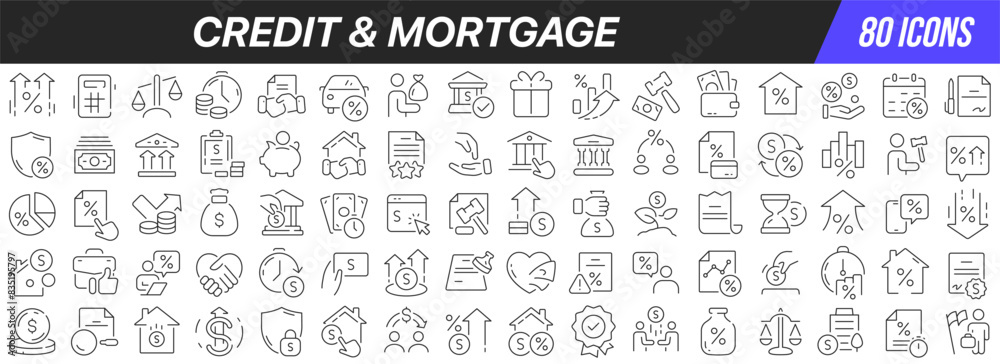 Poster credit and mortgage line icons collection. big ui icon set in a flat design. thin outline icons pack