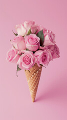 Bouquet of pink roses in waffle ice cream cone on pink background