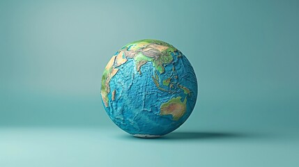 Small globe with detailed continents, oceans, and topography against a minimalist blue background, representing global connectivity and travel. 3D Illustration.