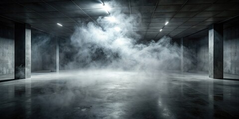 Dark room with concrete floor and swirling white fog , abstract, black background, stage, product placement, panoramic view, mist, smog, foggy, cloudiness, darkness, eerie, shadows, empty