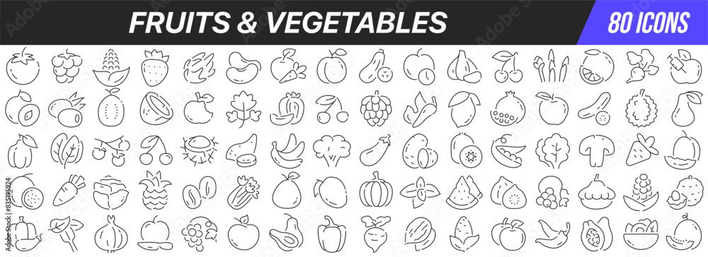 Poster fruits and vegetables line icons collection. big ui icon set in a flat design. thin outline icons pa