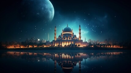 Obraz premium The beautiful serene mosque at night in the blessed month of ramadan the illuminated, Copy space, generative ai