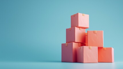 Obraz premium Stack of pink cardboard boxes arranged on a blue background. Concept of packaging, shipping, and delivery. Minimalist composition. 3D Illustration.