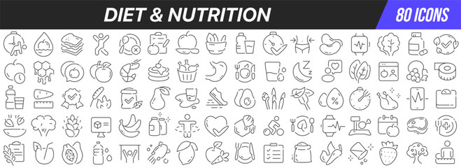 Diet and nutrition line icons collection. Big UI icon set in a flat design. Thin outline icons pack. Vector illustration EPS10