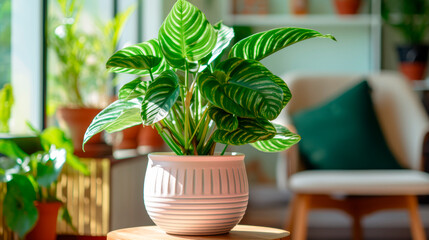 Houseplant, white and green with many variations, rare, large leaf, tropical, in a terracotta pot, in a bright living room full of green plants on a sunny day