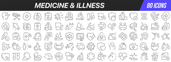 Medicine and illness line icons collection. Big UI icon set in a flat design. Thin outline icons pack. Vector illustration EPS10