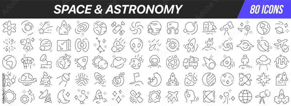 Poster space and astronomy line icons collection. big ui icon set in a flat design. thin outline icons pack