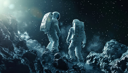 Two astronauts are walking on a rocky surface in space
