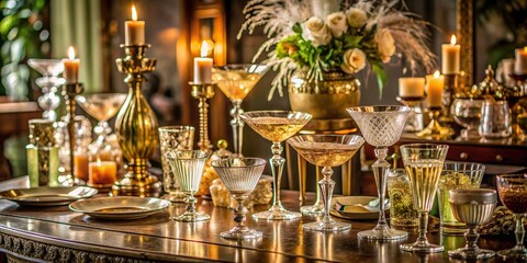 Glamorous Prohibition era cocktail party setting featuring vintage glassware and elegant decor , 1920s, speakeasy, cocktails, clandestine, classy, elegant, retro, prohibition, secret society