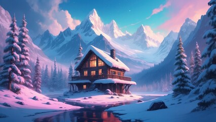 Fantasy landscape winter cottage in the mountains