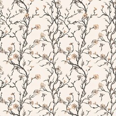 A seamless pattern of delicate flowers and twigs intricately intertwined in a harmonious design