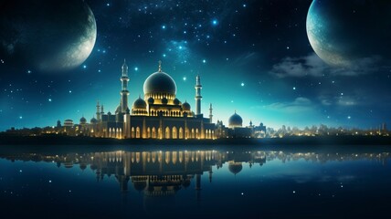 Obraz premium The beautiful serene mosque at night in the blessed month of ramadan the illuminated, Copy space, generative ai