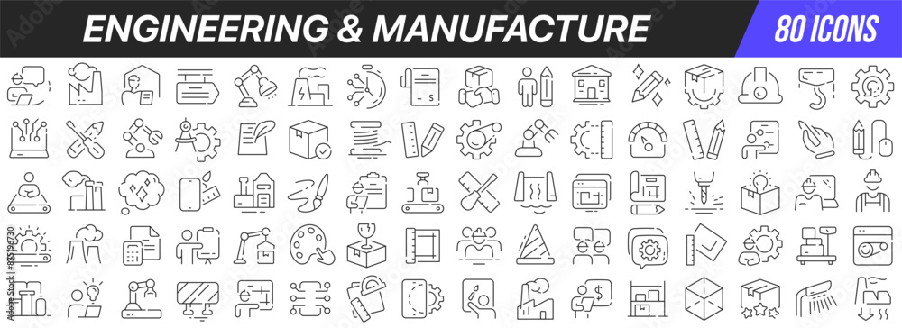 Poster engineering and manufacture line icons collection. big ui icon set in a flat design. thin outline ic