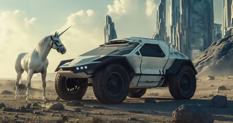 A futuristic armored vehicle meets a majestic unicorn in a rocky, deserted landscape under a cloudy...