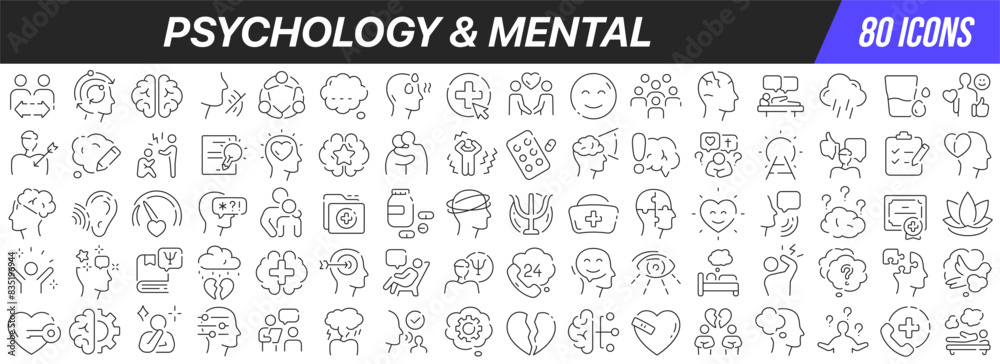 Poster psychology and mental line icons collection. big ui icon set in a flat design. thin outline icons pa