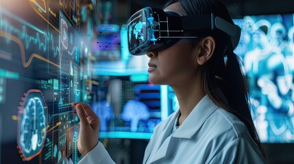 Indigenous healthcare practitioner using augmented reality to visualize patient data, with a futuristic interface, Healthcare, Futuristic