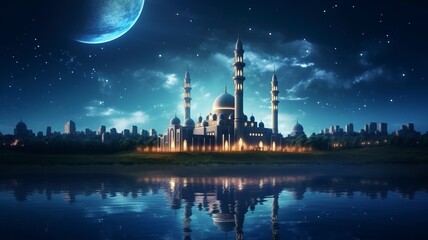 The beautiful serene mosque at night in the blessed month of ramadan the illuminated, Copy space, generative ai