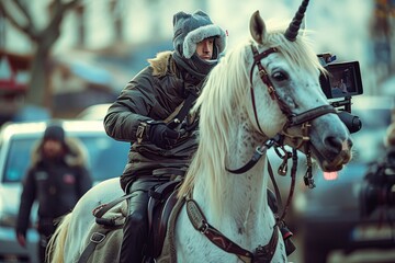 Obraz premium A person in winter clothing riding a white unicorn with a camera rig in an outdoor setting.