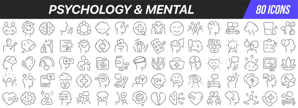 Psychology and mental line icons collection. Big UI icon set in a flat design. Thin outline icons pack. Vector illustration EPS10
