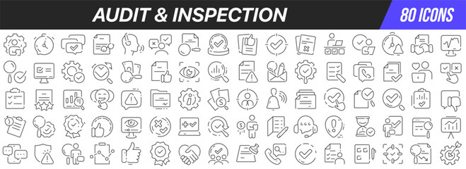 Audit and inspection line icons collection. Big UI icon set in a flat design. Thin outline icons pack. Vector illustration EPS10