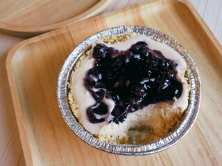 Blueberry Cheese Pie on a wooden tray, delicious dessert  