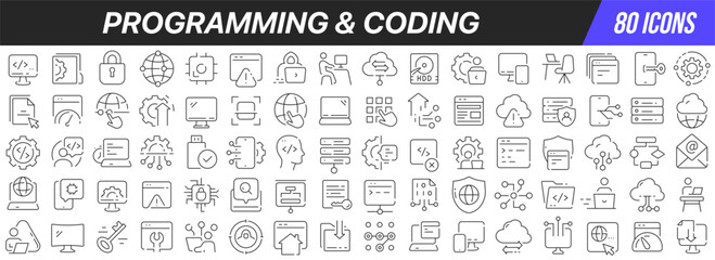 Programming and coding line icons collection. Big UI icon set in a flat design. Thin outline icons pack. Vector illustration EPS10