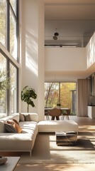 Fototapeta premium Vertical image of a modern living room with a high ceiling and floor-to-ceiling windows.