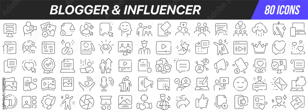 Aufkleber Blogger and influencer line icons collection. Big UI icon set in a flat design. Thin outline icons pack. Vector illustration EPS10