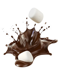 White Marshmallow falling into chocolate splash isolated on white background