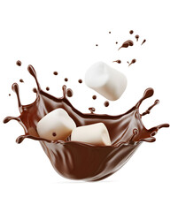 White Marshmallow falling into chocolate splash isolated on white background