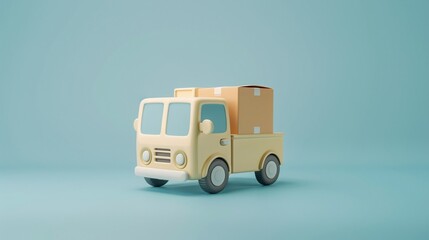 Fototapeta premium Toy delivery truck with a package on a light blue background, representing shipping, logistics, and transportation concepts. 3D Illustration.
