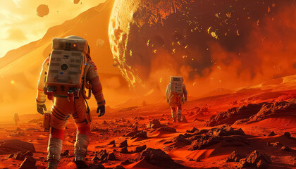 Two astronauts are walking on a red planet