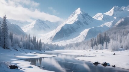 Fototapeta premium Wild river landscape flowing in frozen mountain valley, around beautifully snowy spruce trees