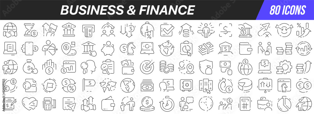 Poster business and finance line icons collection. big ui icon set in a flat design. thin outline icons pac