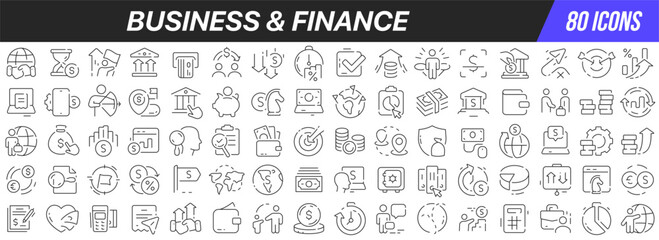 Business and finance line icons collection. Big UI icon set in a flat design. Thin outline icons pack. Vector illustration EPS10
