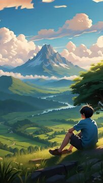 Animation of a young boy sits atop a mountain, gazing at the vast valley below.