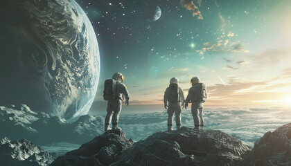 Three astronauts are standing on a rocky surface