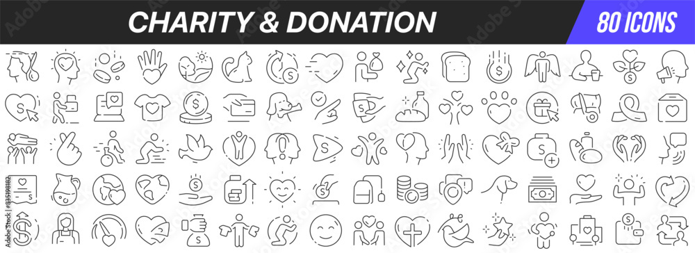 Poster charity and donation line icons collection. big ui icon set in a flat design. thin outline icons pac
