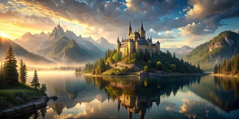 Distant fantasy castle on a hill overlooking a shimmering lake , medieval, fairy tale, magical, kingdom, dreamy, enchanted, architecture, fantasy, remote, majestic, tower, ancient