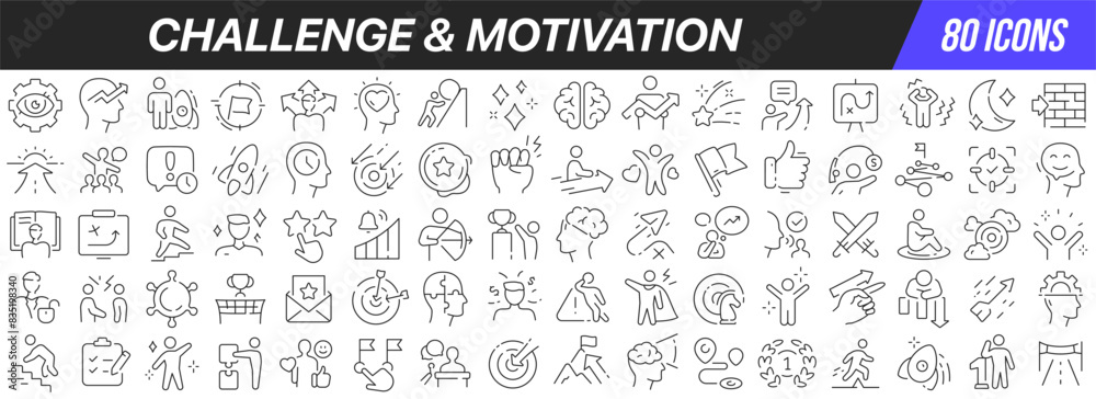 Poster Challenge and motivation line icons collection. Big UI icon set in a flat design. Thin outline icons pack. Vector illustration EPS10