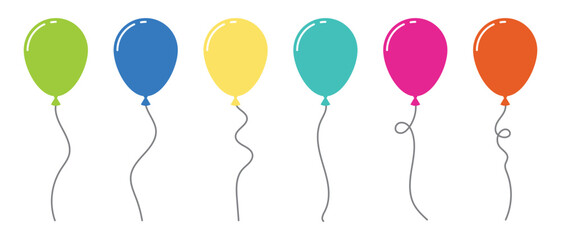 Balloon in cartoon style. Bunch of balloons for birthday and party. Flying balloon with rope. Set of colored party balloons tied with strings isolated on white background.  © Quirk Craft Studio