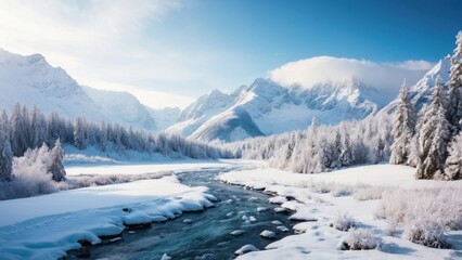 Wild river landscape flowing in frozen mountain valley, around beautifully snowy spruce trees
